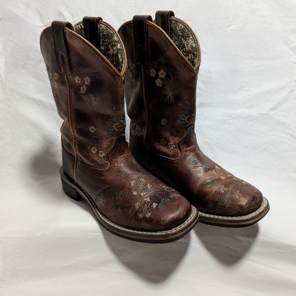 Girls, smokey cowgirl boots, embroidered  brown leather, 12.5